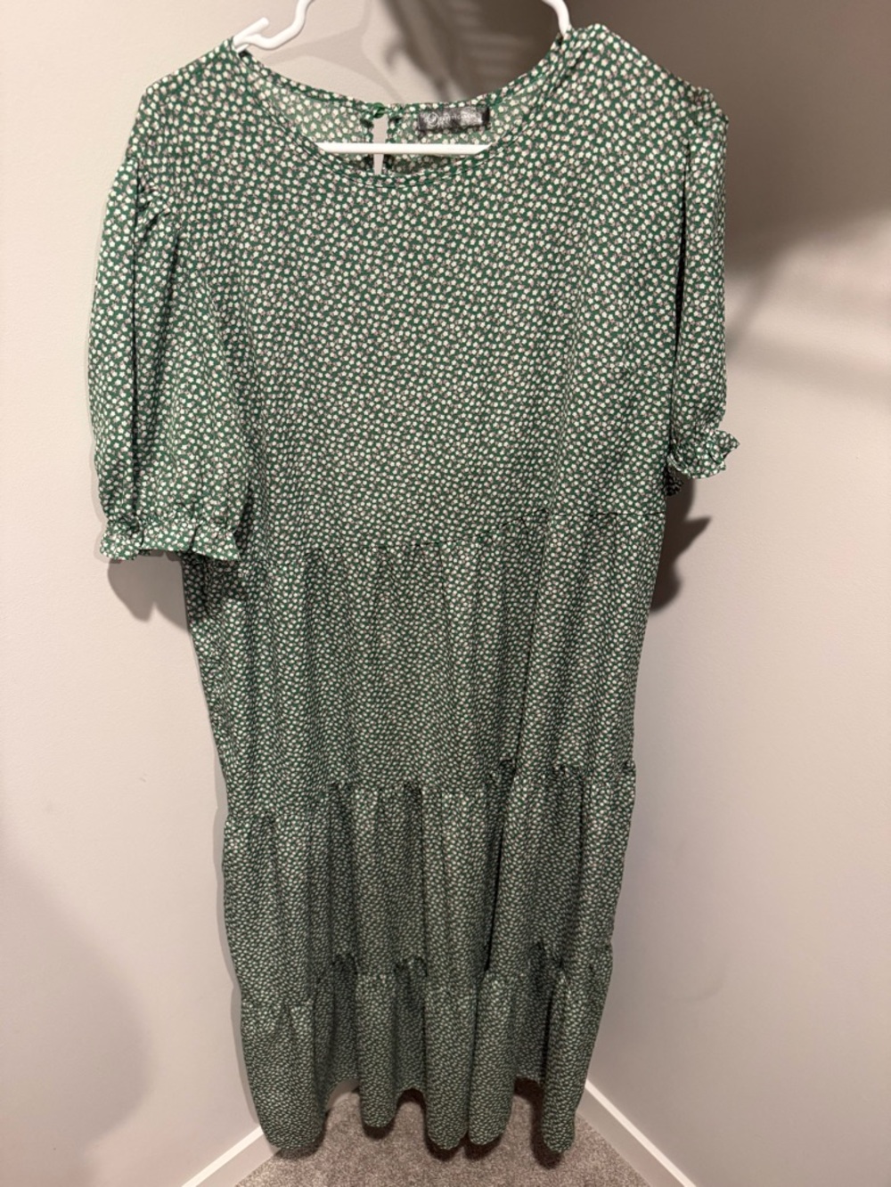 Green Micro-Print Tiered Midi Dress